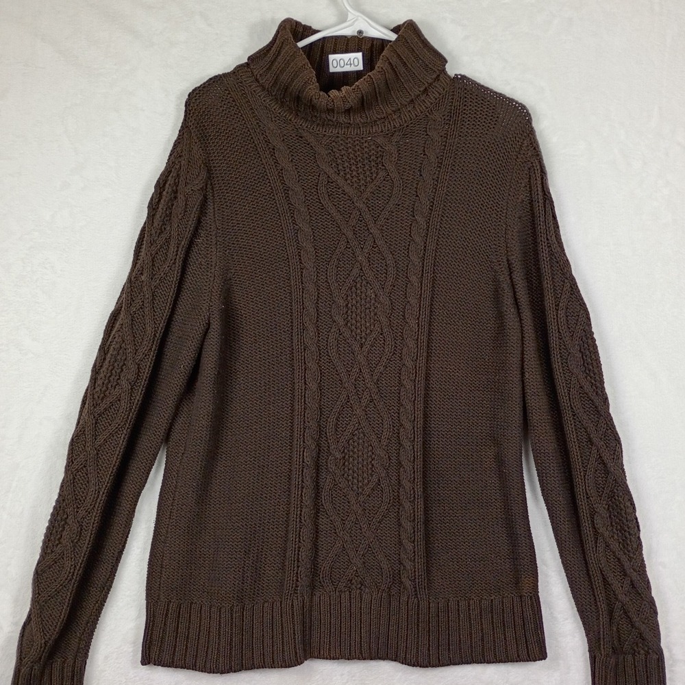 Eddie Bauer Mens Brown Cable Knit Turtleneck Sweater Large Chunky Cotton Blend